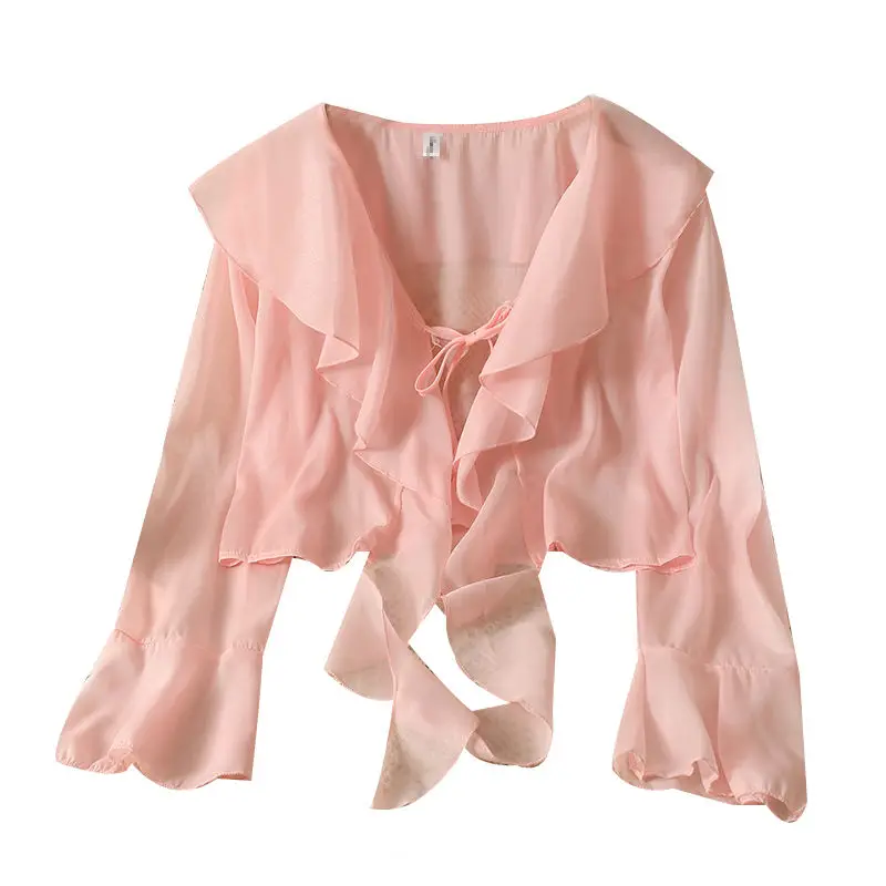 

Long Sleeve Thin Breathable T-shirts Women Lace Bow Cardigan Blouse Clothing Ruffles Sun-protection Outwear Blouse For Covers