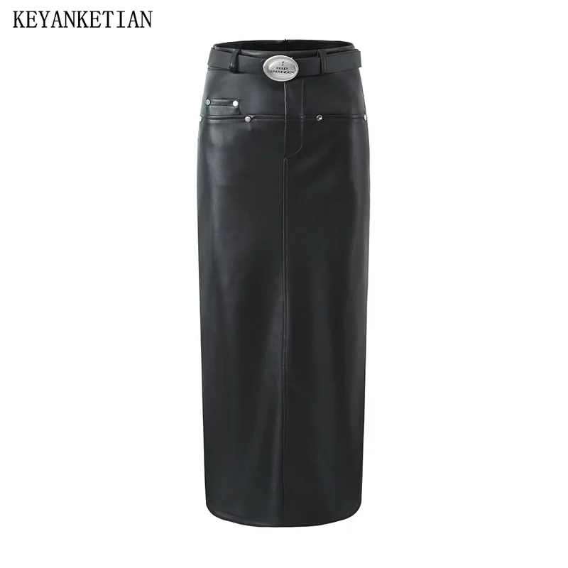 KEYANKETIAN Autumn/Winter New Women's With Belt High-Waisted Faux Leather Skirt Seam Detail Hem Slit Solid Ankle Straight Skirt