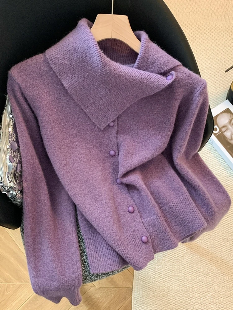 

Дизайнерский свитер во французском стиле, осенний женский однобортный однотонный вязаный кардиган с высоким воротником и асимметричными лацканами