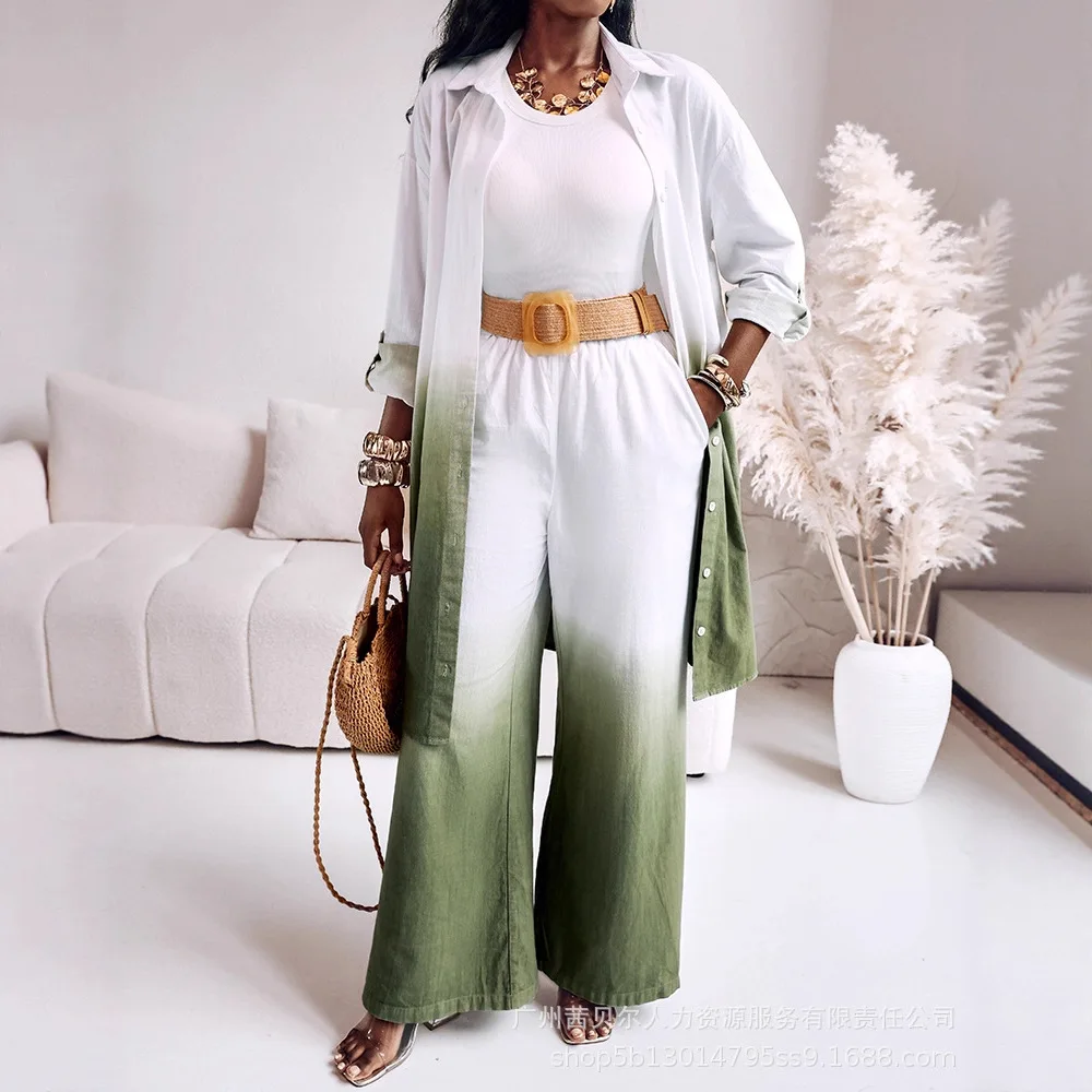 

Two Pieces Women Pant Sets Casual Matching Set Long Sleeve Print Longline Top High Elastic Waist Wide Leg Pants Loose Fit Summer