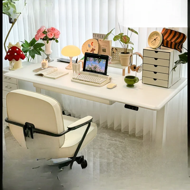 

White solid wood electric lifting table with drawers household computer desk smart cream style desk