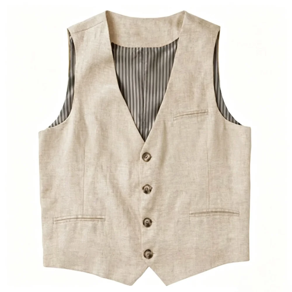 Chaleco de Lino Beige para Hombre, Cuello en V, Verano, Cierre de un Botón, Ligero, Chaleco de Traje para Hombre