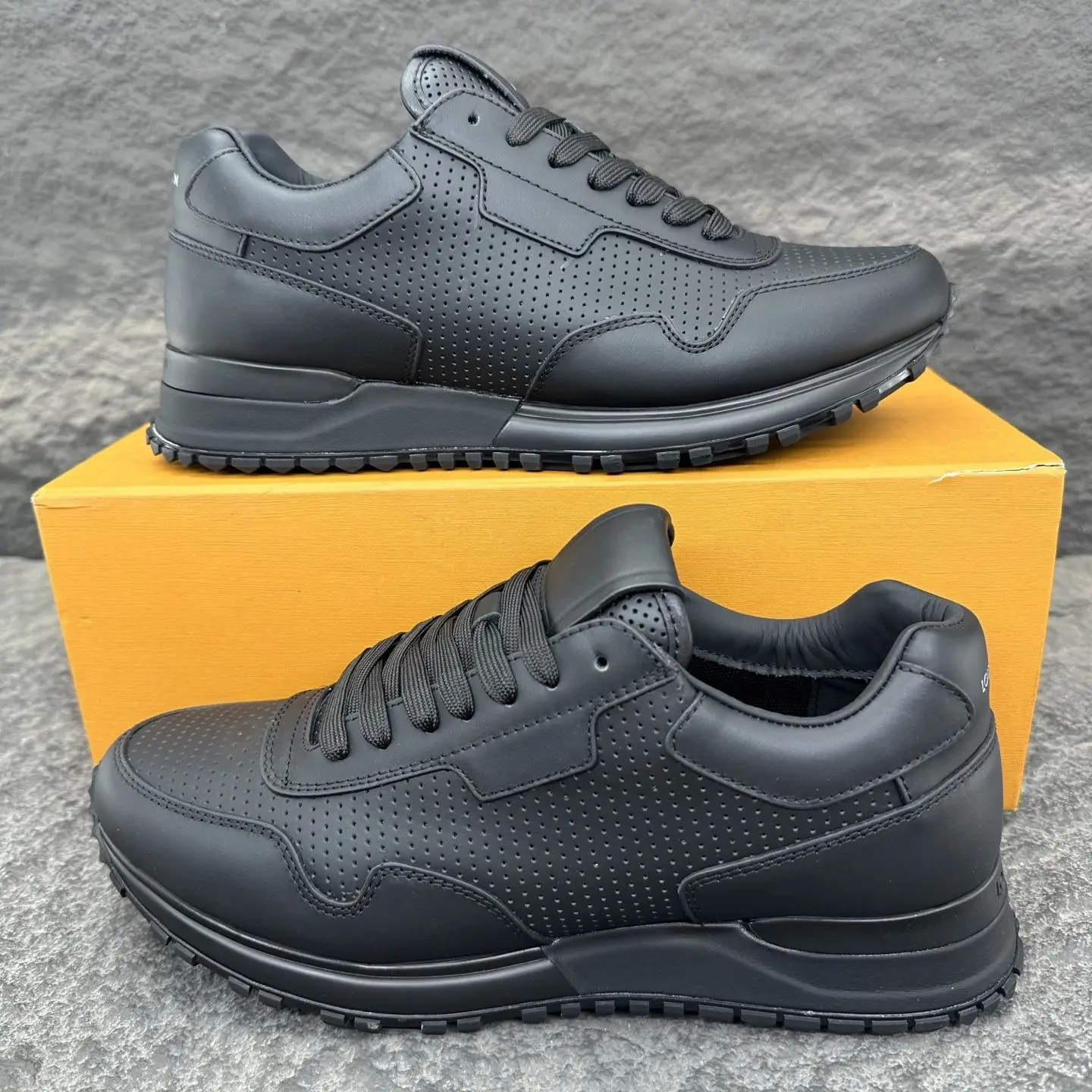 Unisex Full Black Perforated Leather Sneakers Breathable Hole Design Low Top Hidden Height Increase Thick Sole Lace Up Non Slip Daily Walking Casual Shoes