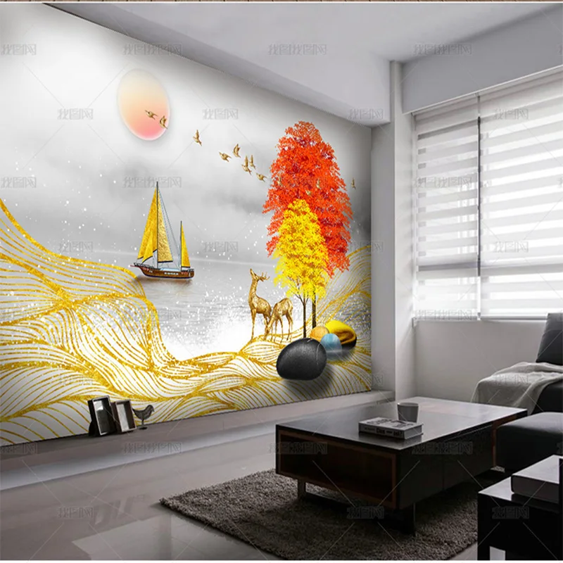 custom 3d Modern fashion light luxury hand painted to run rich tree milu deer mural TV background wall living room wallpaper 8d