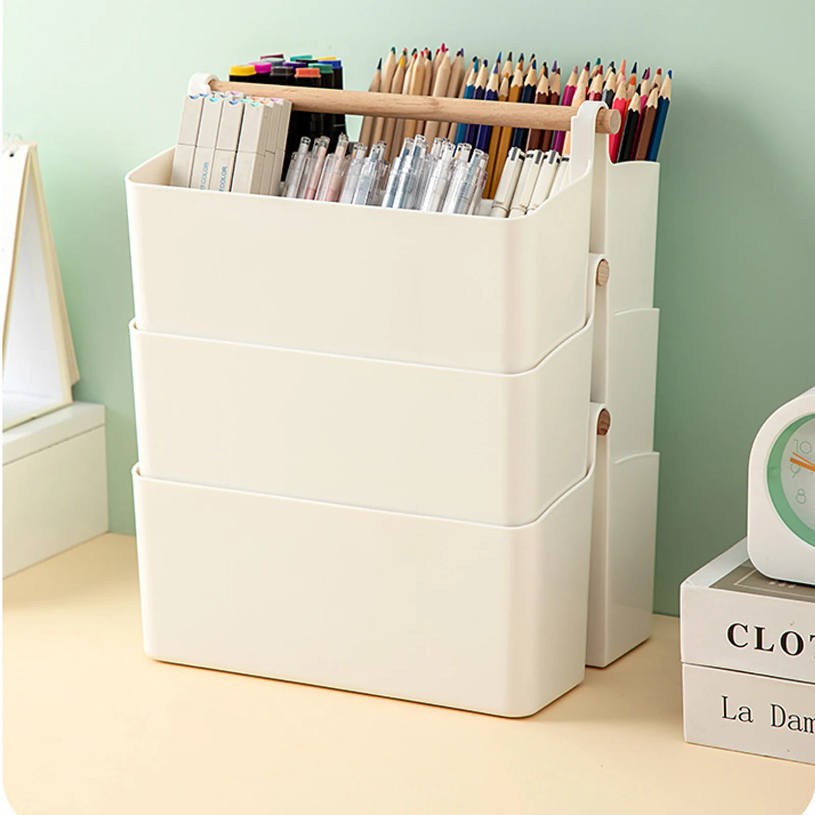 

Clear Desk ganizer Storage Box Pens Remote Control Makeup Brushes Office Supplies Container Plastic Compartment Tidy Home