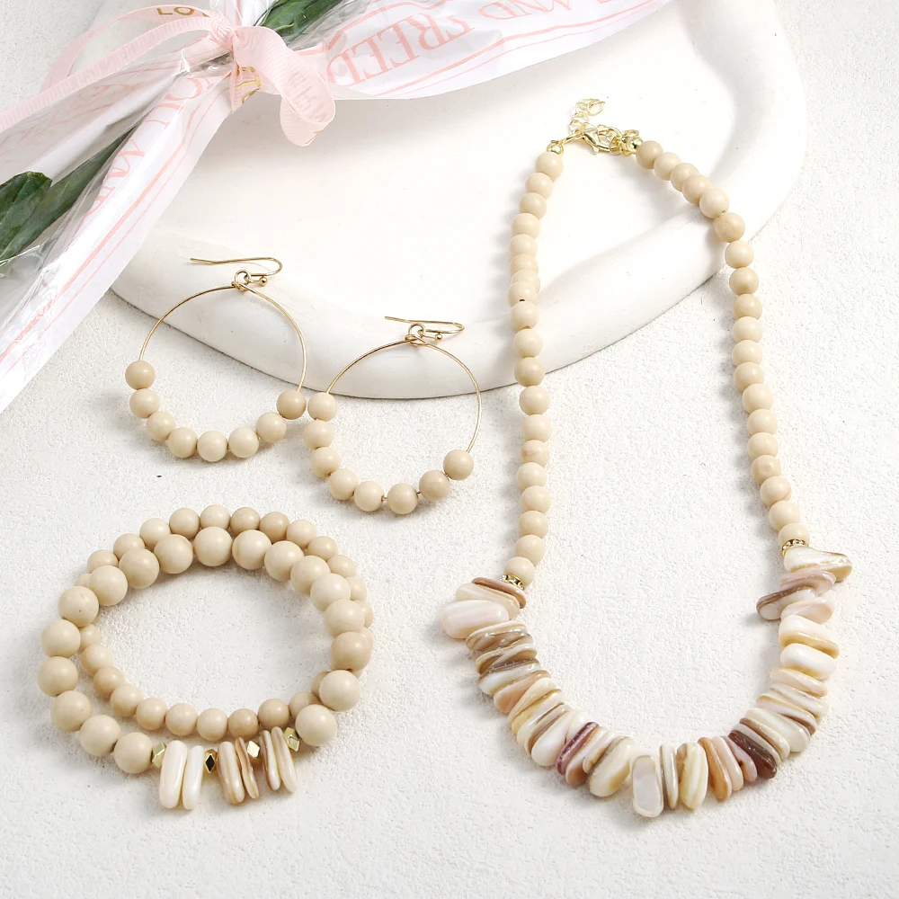 

Fashion Bohemian Vacation Women Jewelry Beige Natural Stone Shell Beaded Choker Necklace Bracelet Earring Set