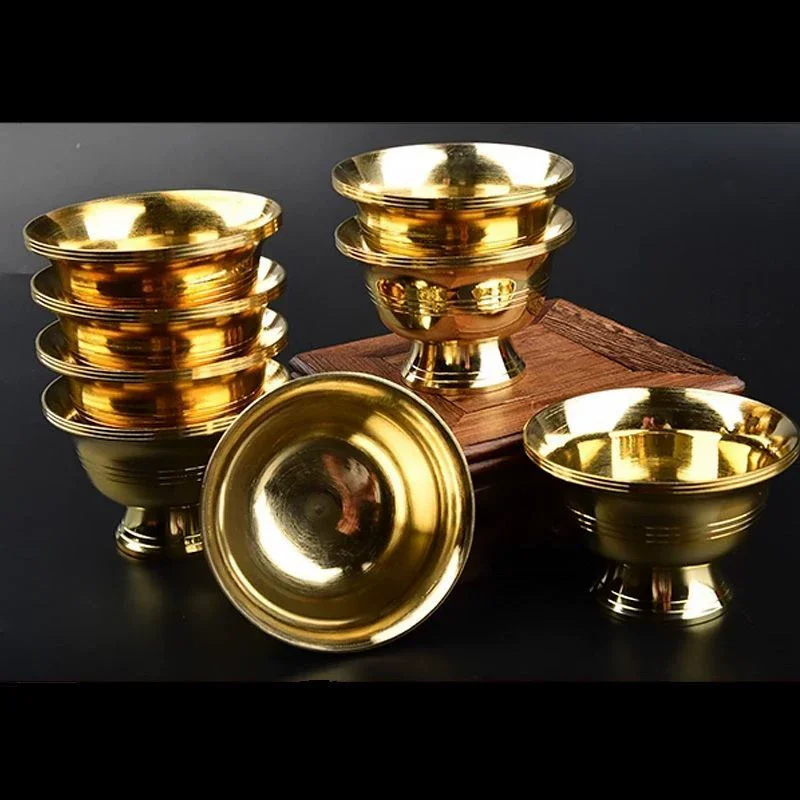 Polished Brass Footed Offering Bowl, Pure Copper Water Cup for Buddhist Altar, Single Home Temple Decoration, Feng Shui Blessing