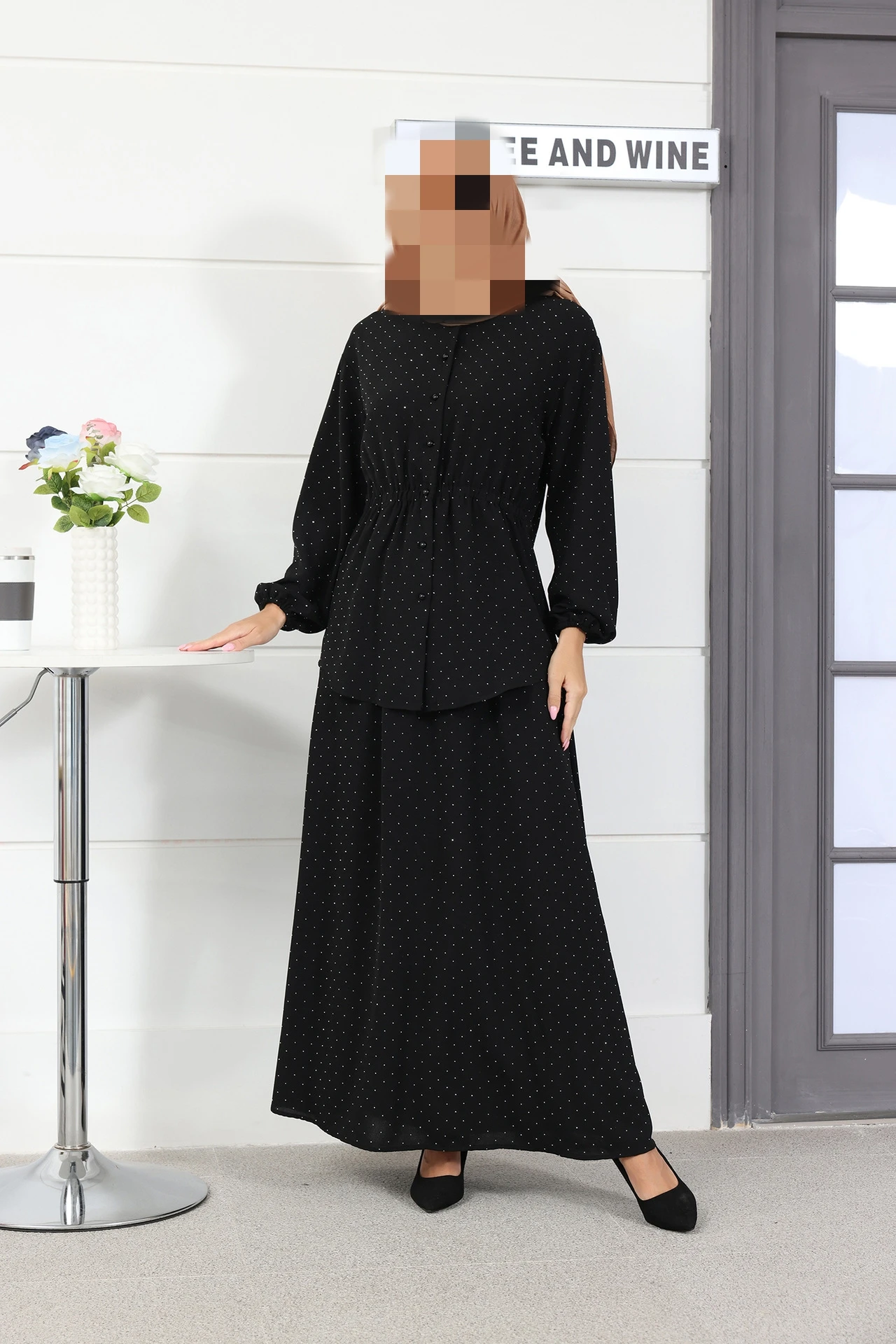 Oriente médio sle bolha sve redondo ne irt f saia conjunto feminino faion verão roupa de fibra de poliéster longo botão sve