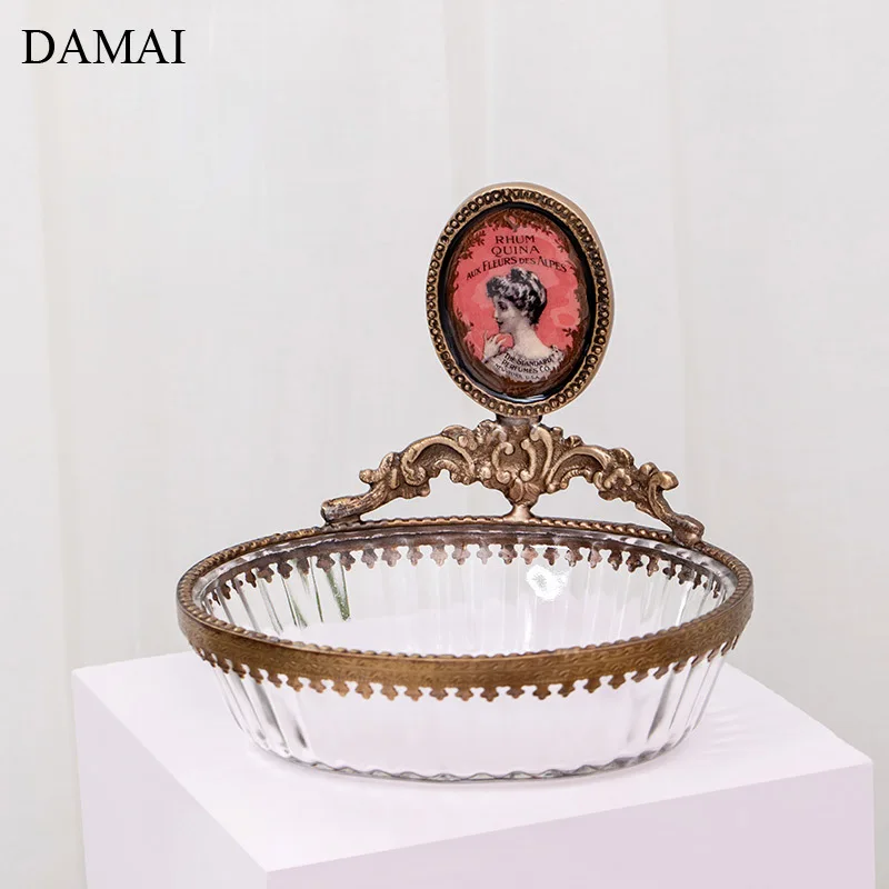 European Vintage Brass Glass Trays Relief Craft Jewelry Necklace Display Storage Tray Desktop Snacks Plates Home Decoration