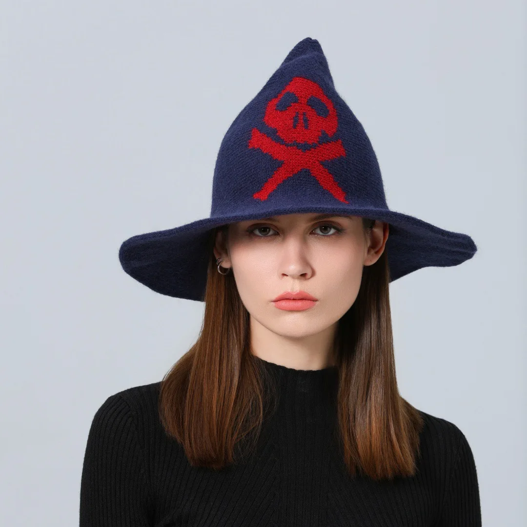 New Skull Pointed Wizard Hat Large Brim Wool Knitted Hat Holiday Party Decoration Halloween Hat