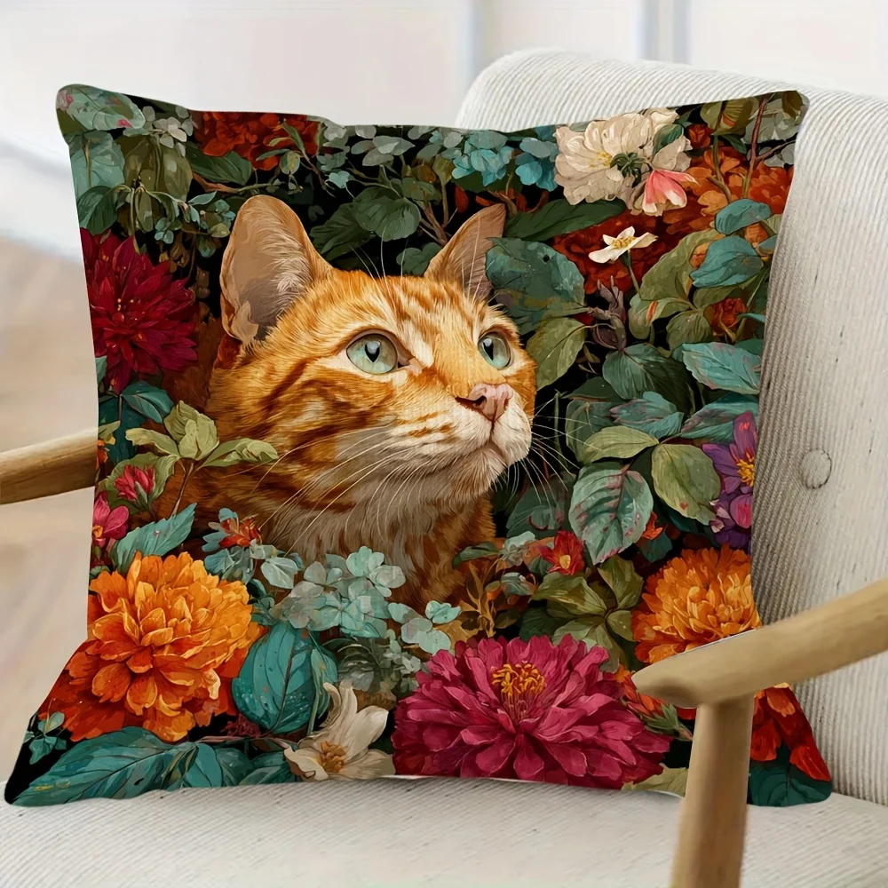1pc Floral Orange Tabby Cat Pillow Cover, Polyester 2D Double-Sided Print, Vintage Botanical Cat Art Cushion, Nature & Pet Lover