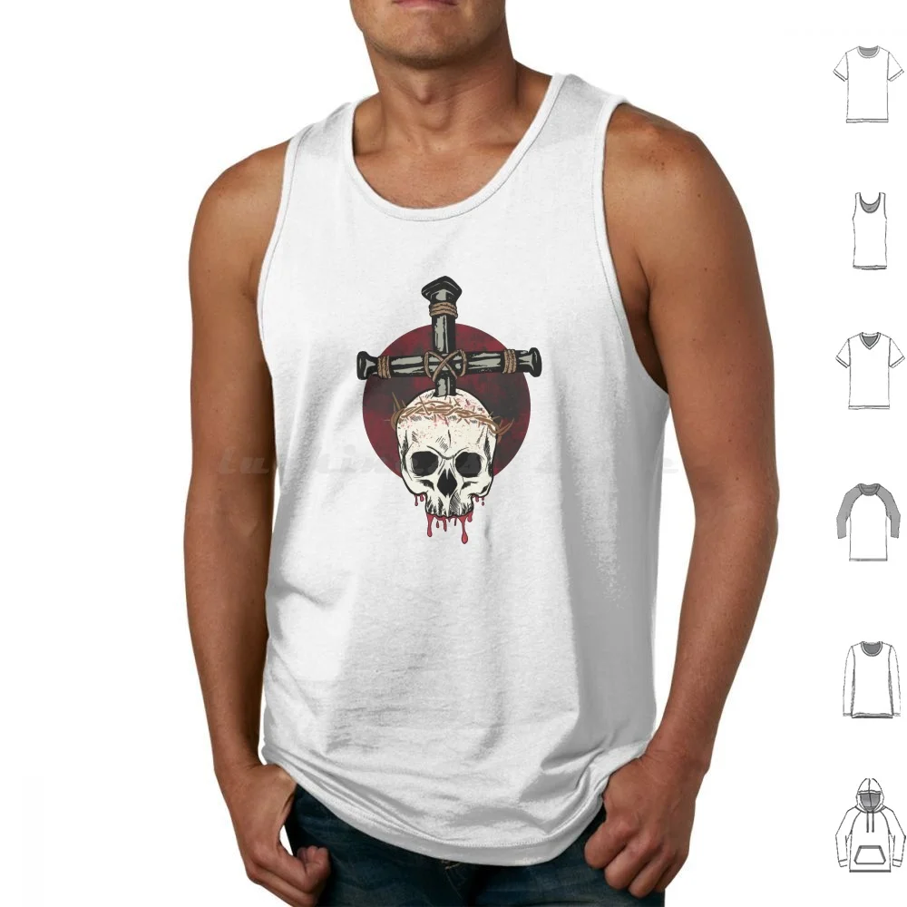 Skull , Blood & Crucifix Tank Tops Print Cotton Skull Cross Blood Moon Nail Drip Dripping Crucifix Red Black Horror