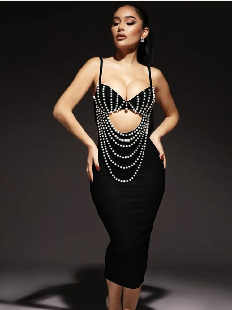 Women Summer Fashion Sexy Sleeveless Diamonds White Pearl Tassel Bodycon Bandage Dress 2024 Elegant Evening Club Party Dress