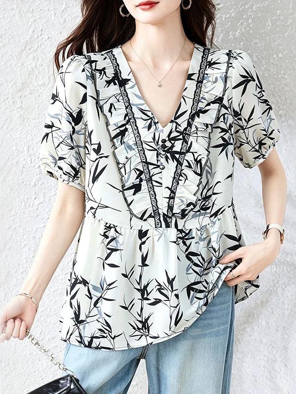 

Summer 2026 Floral Print Short Sleeve V-Neck Women's Shirt Slimming Cover up Fashionable Casual Loose Fit Printed Top