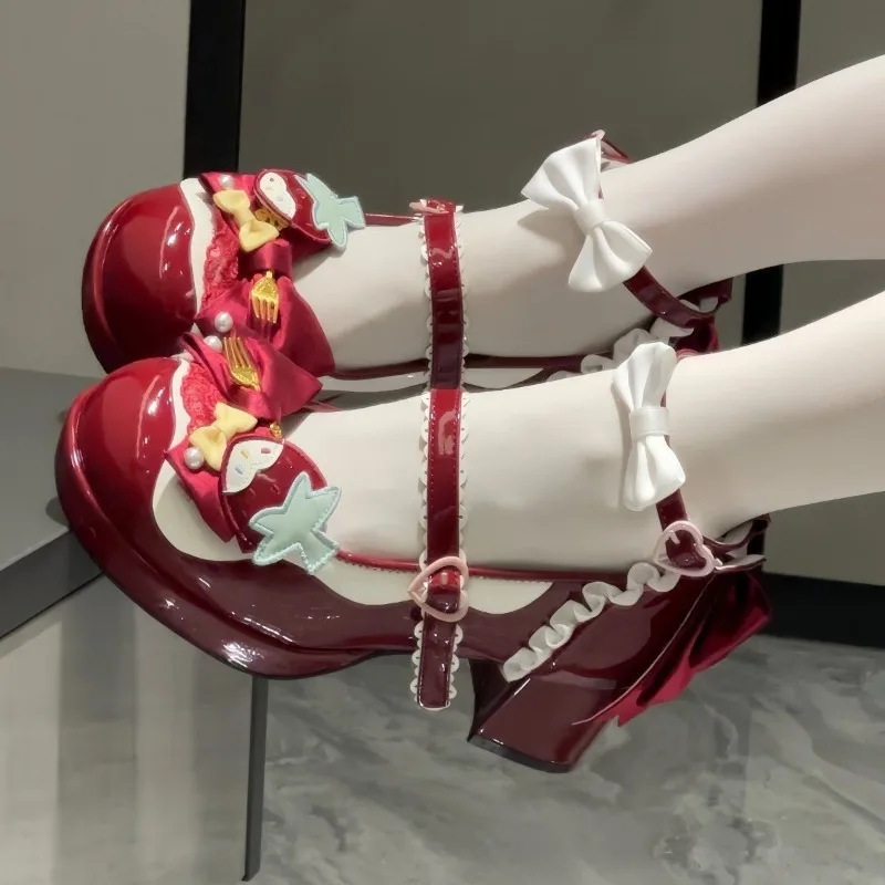 Sweet Style Bow Women Lolita Shoes Round Head Thick Heel Small Leather Shoes Patent Leather Shallow Mouth Single Shoe Mary Janes