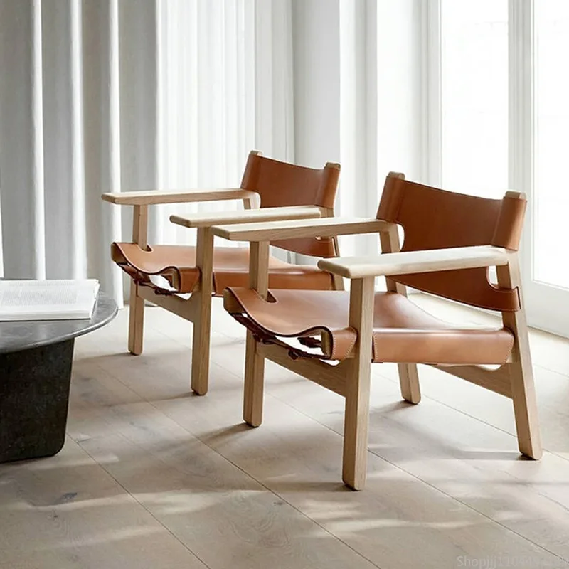 

Nordic Solid Wood Living Room Chair Spanish Designer Saddle Leather Hunting Chair Living Room Furniture Balcony Leisure Chairs