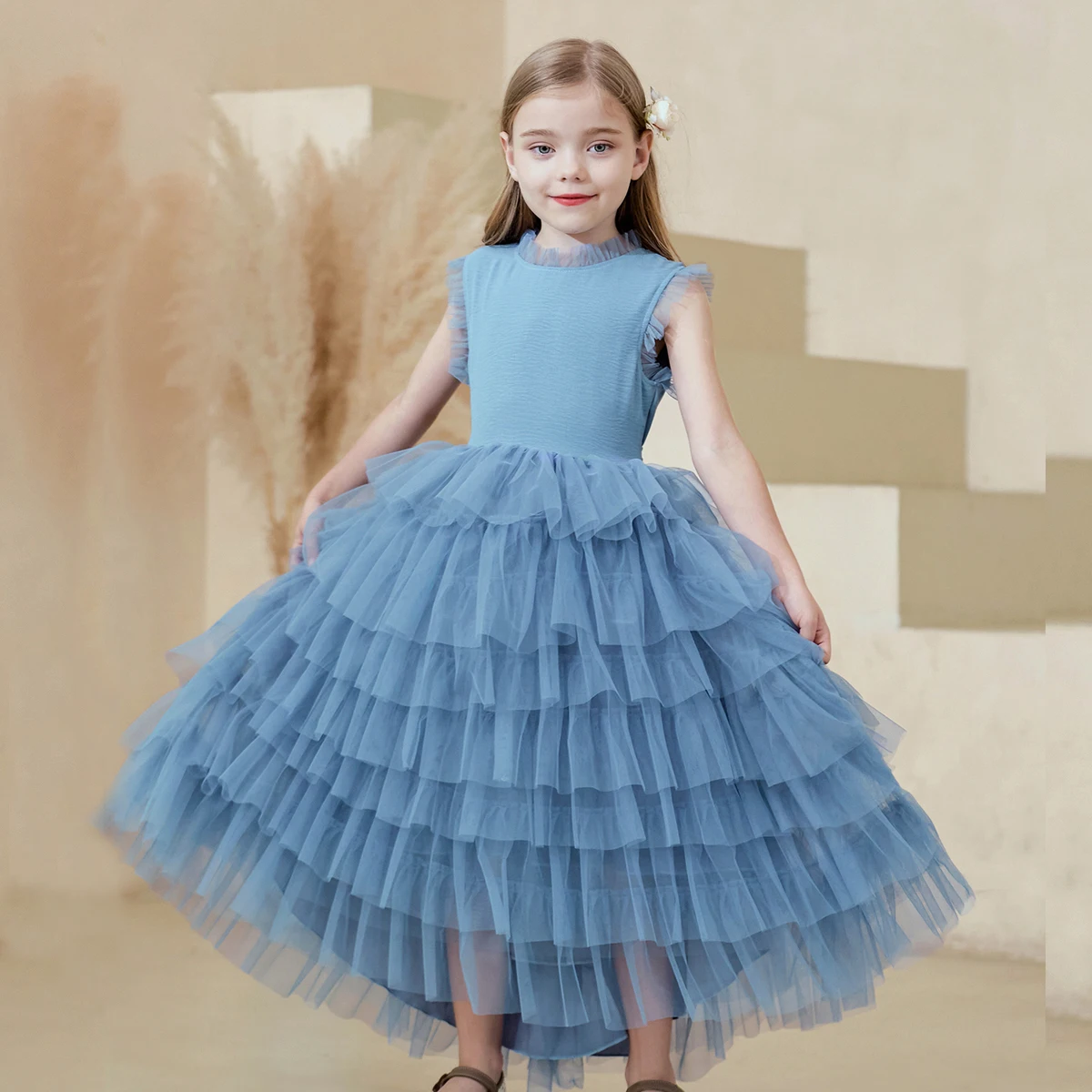 New Multi-Layer Mesh Patchwork Solid Color Princess Dress Christmas Wedding Flower Girl Fashionable and Atmospheric Girl Dress