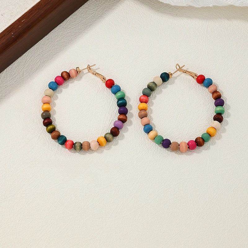 Vintage Exaggerated Circle Earrings For Women Girls Colorful Wooden Bead Holiday Fashion Jewelry Ear Accessories AE140