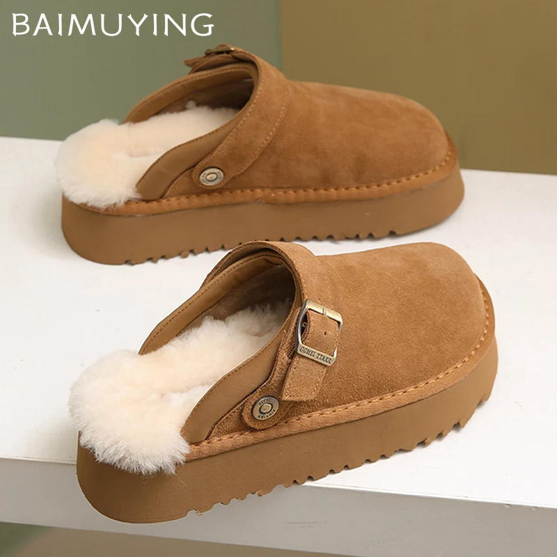 Suede Women Flats Mules Shoes Short Plush Platform Cotton Slippers Designer Snow Boots Winter 2024 Trend Warm Home Mujer Zapatos