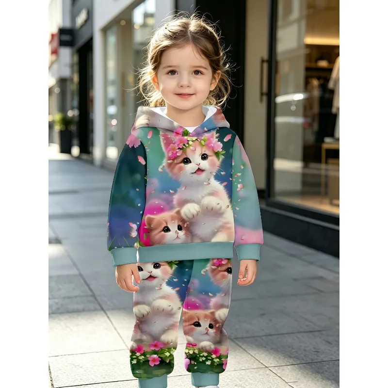 Kids Hoodie Jogger: Flower Petal Kitten Full Print, Pink Cute Bunny Graphic, Colorful Butterfly Background 67 Number Tracksuit