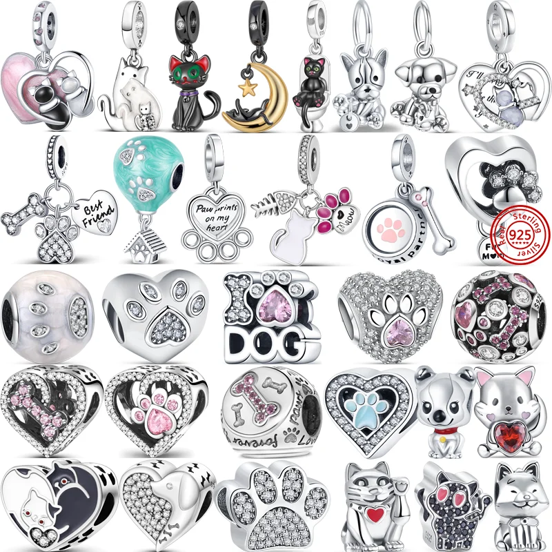 

925 Silver Pet Cat Dog Paw Print Bone Pendant Pavé Shiny Heart Best Friend Original Bead Fit Pandora Charms Bracelet DIY Jewelry