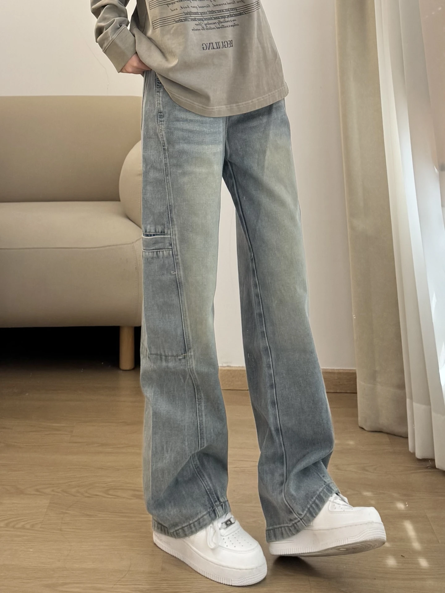 

Retro Blue Slim Straight Men's Jeans Autumn Long Leg Lengthening American High Street Sle Workwear Trousers Casual Denim