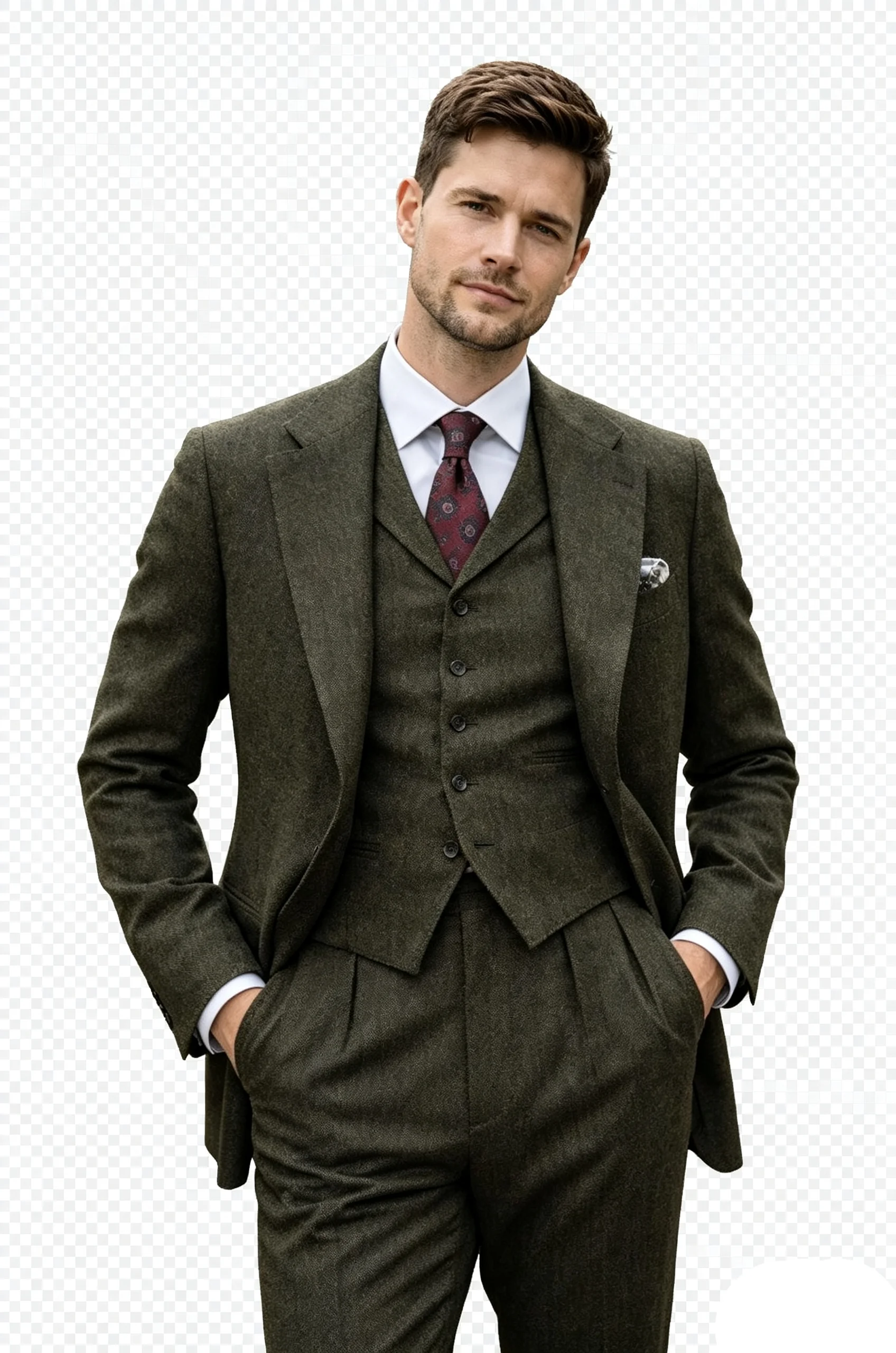 Classic Olive Green Herringbone Tweed 3-Piece Suit with Waistcoat and Notch Lapel Men Autumn Vintage Tuxedo Customized M266796
