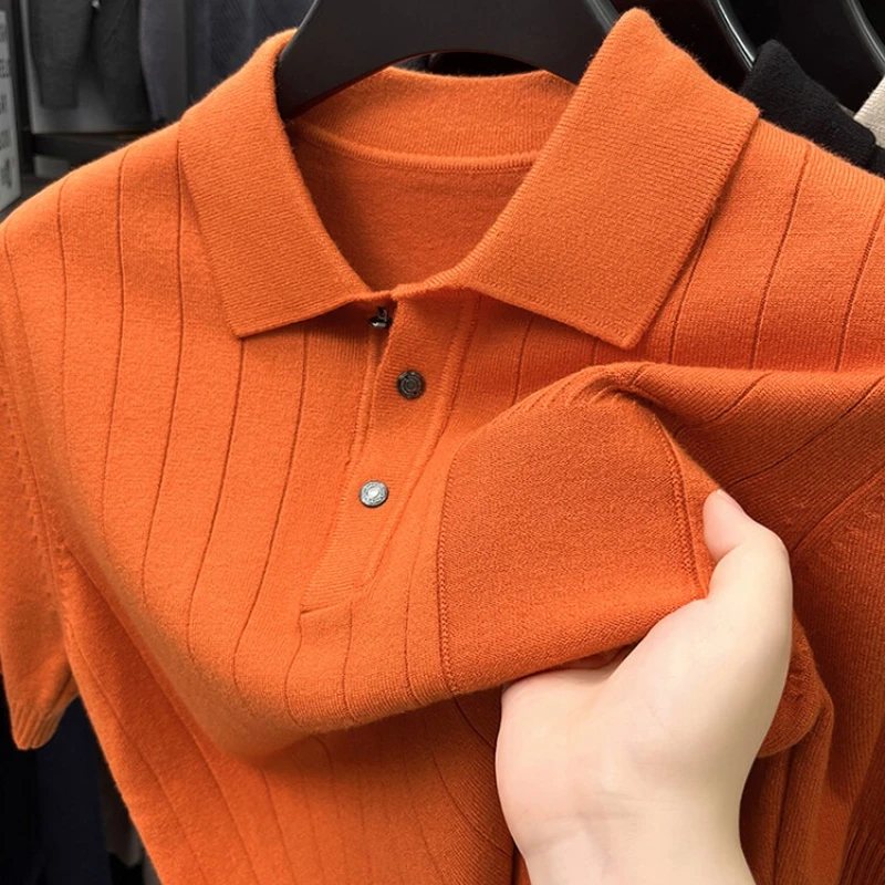 

Men's Short-Sleeve Knit Shirt - Burnt Orange Turn-Down Collar (Black/Beige/Charcoal) M-3XL Breathable Business Casual