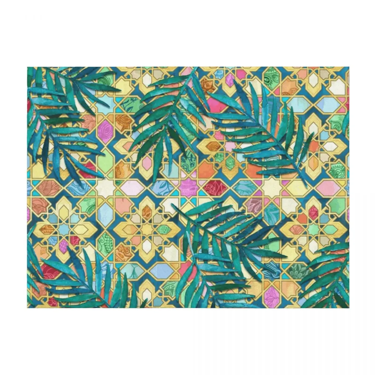 

Gilded Moroccan Mosaic Tiles with Palm Leaves Throw Blanket Sleeping Bag Beautifuls Flannel Fabric Vintage Blankets