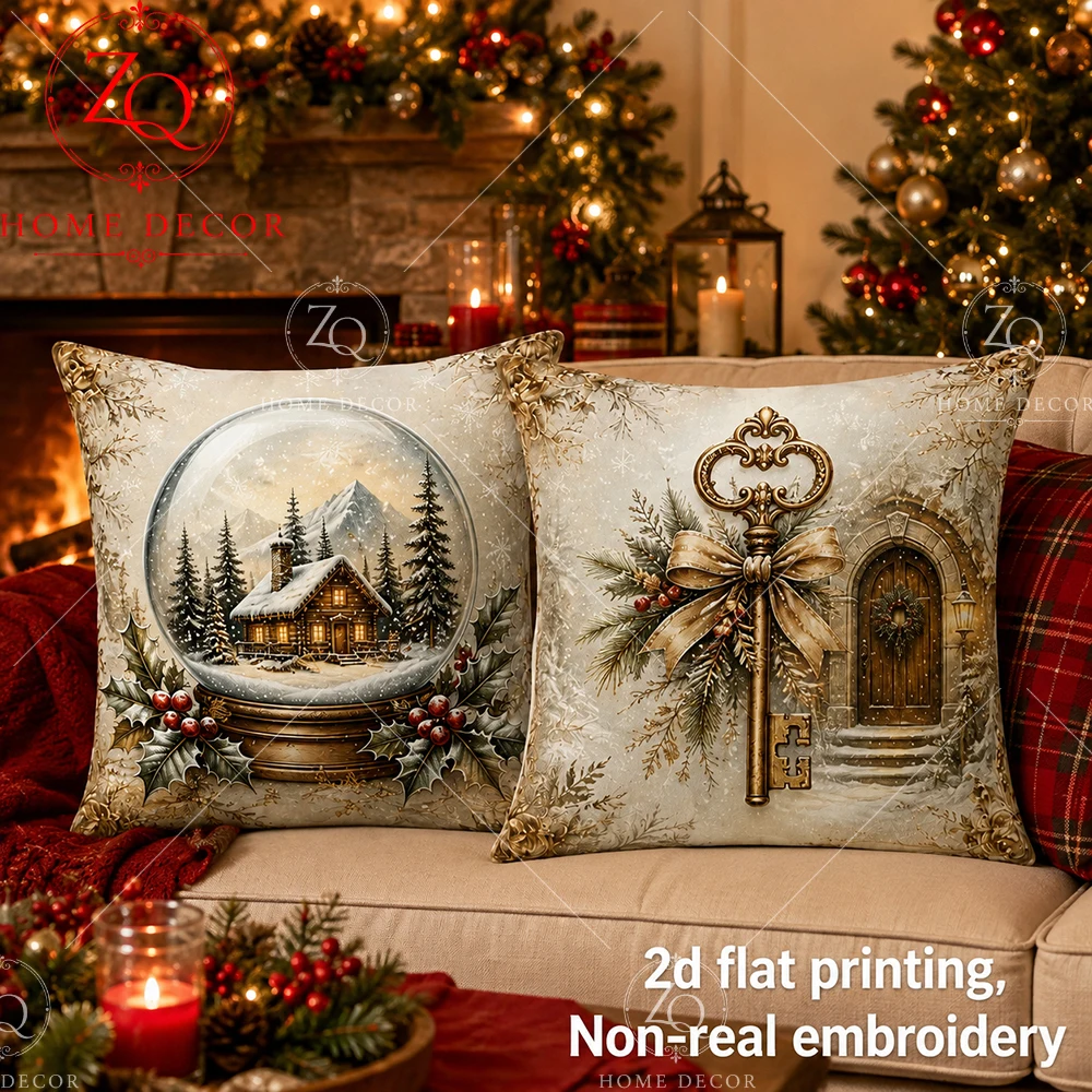 Christmas Pillow Cover 2D Flat Printed Peach Skin Snow Globe Cushion Case Vintage Key Pillowcase Sofa Couch Bed Home Living