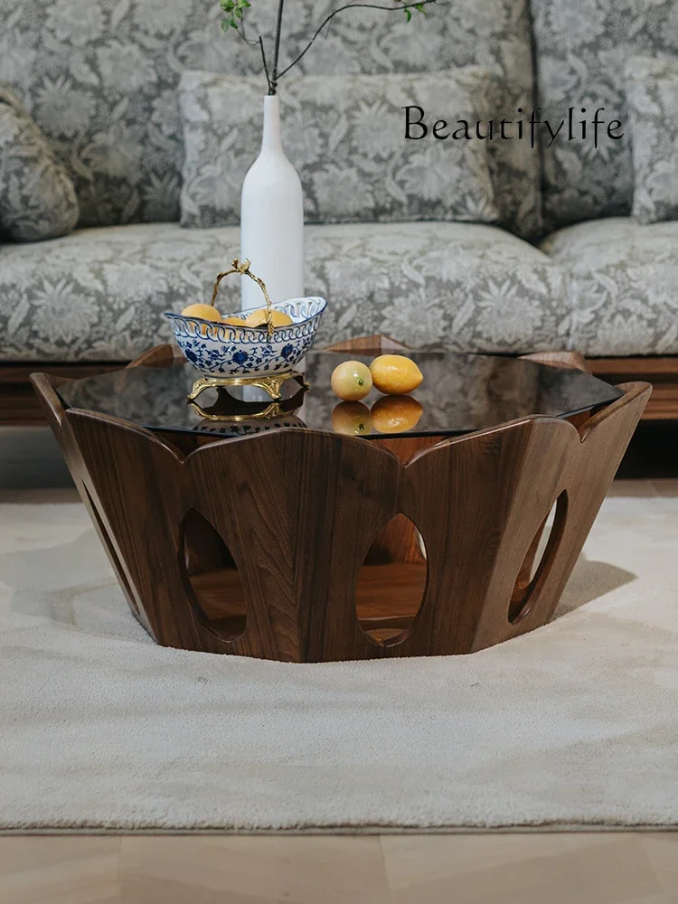 BJ Nordic Retro Lotus Coffee Table Living Room Black Walnut All Solid Wood Modern Simple Home Tea Table