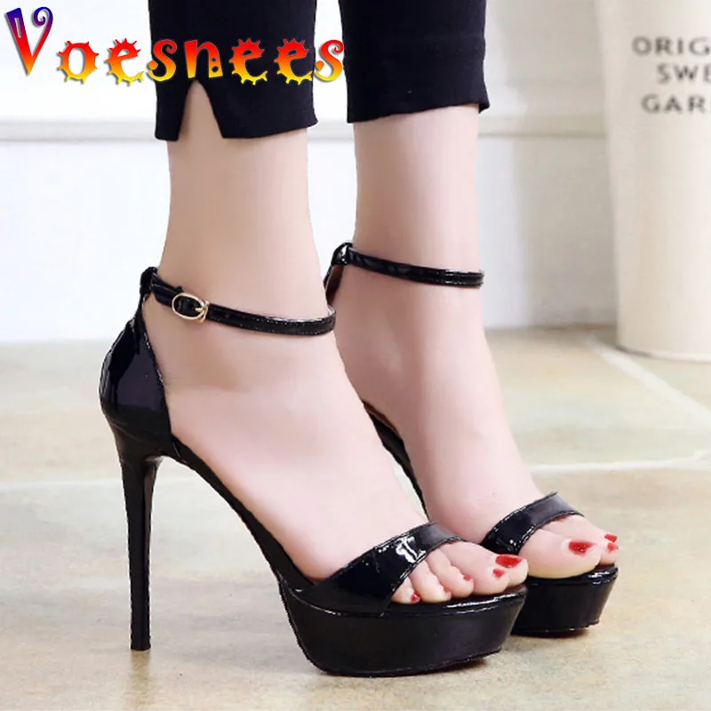 Sexy One Word Band Women Stiletto Shoes Summer Pure Colour Buckle Strap Platform High Heels 12CM Super High Heel Catwalk Sandals