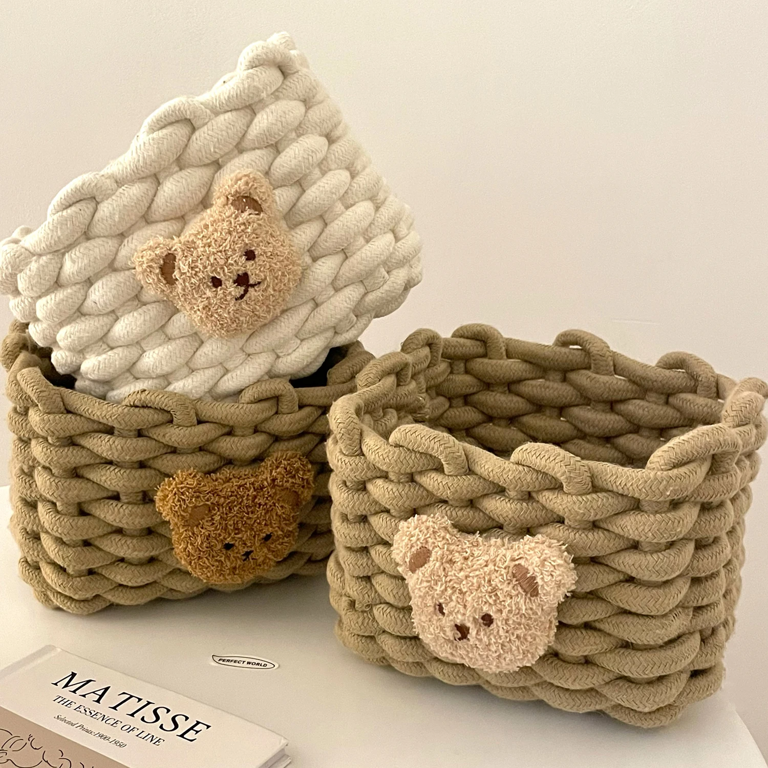 Ins Simple Fashion Bear Cotton Linen Woven Basket Desktop Storage Box Cosmetics and Sundries Storage Basket for Home Dormitory