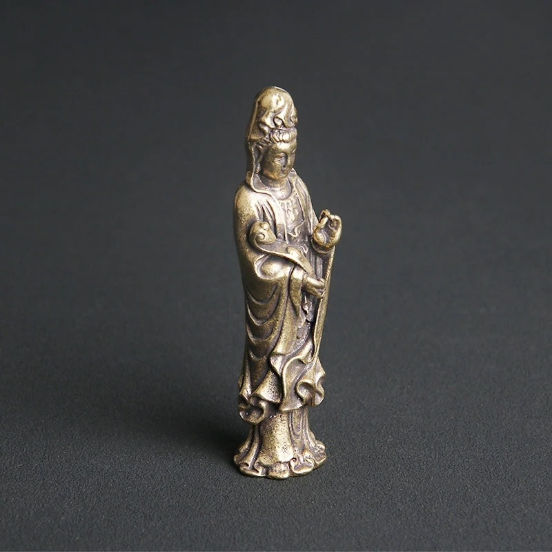 Pure Brass Ruyi Desktop Ornament, Southern Sea Guanyin Bodhisattva Worship Statue, Antique Bronze Artifacts Whole