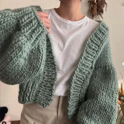 Women's Pure Wool Cardigan, Loose Casual Sweater, Handmade Knitted Jacket, Green V-Neck Short Top, INS, New, Autumn, 2024