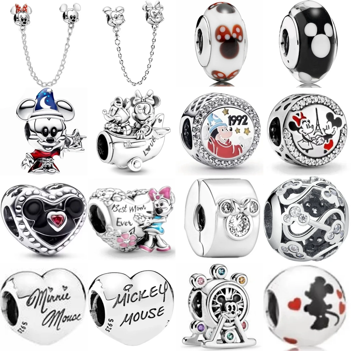 Disney 925 Sterling Silver Mickey Minnie Security chain Murano Glass Bead Pendant Fit Original Pandora Bead Bracelet DIY Jewelry