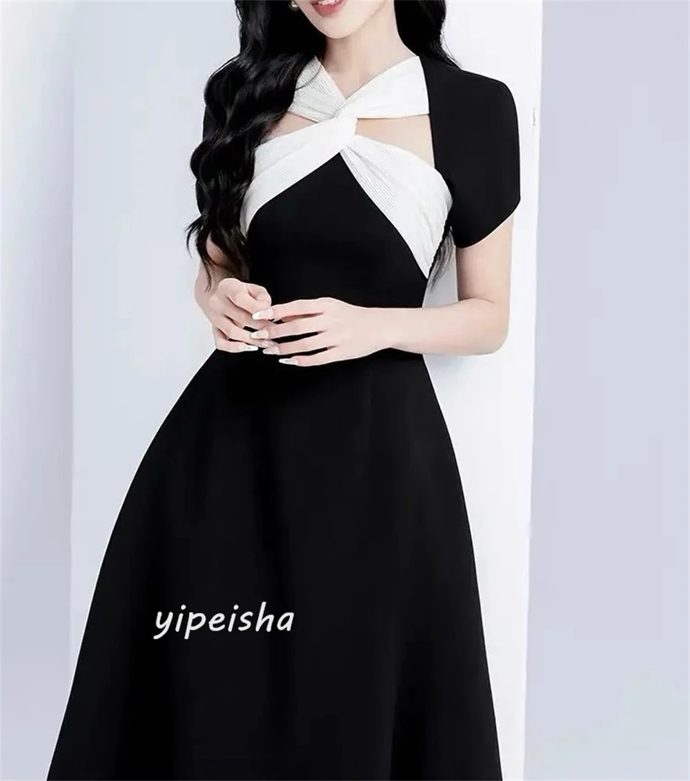 Jiayigong  Classic Modern Style Formal Evening V-Neck A-line Pleat Tea-Length Satin  Dresses