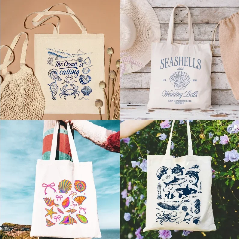 

Bolso de lona con concha de lazo para mujerbolsa de lona de gran capacidad con diseño de ondas de animales marinospara trabaj