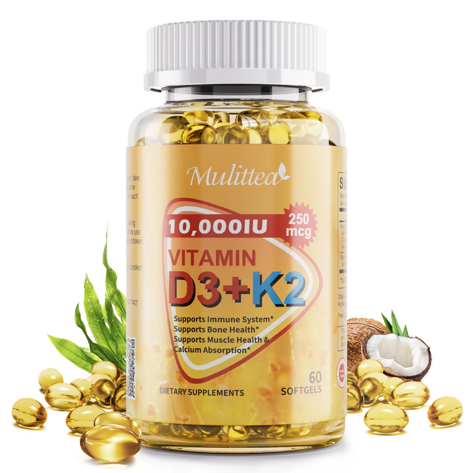 

Комплексная добавка Mulittea Vitamin D3 + K2 в мягких капсулах, 10000 МЕ + 200 мкг, для поддержки костей, иммунитета и сердца | Легко глотать, без ГМО.