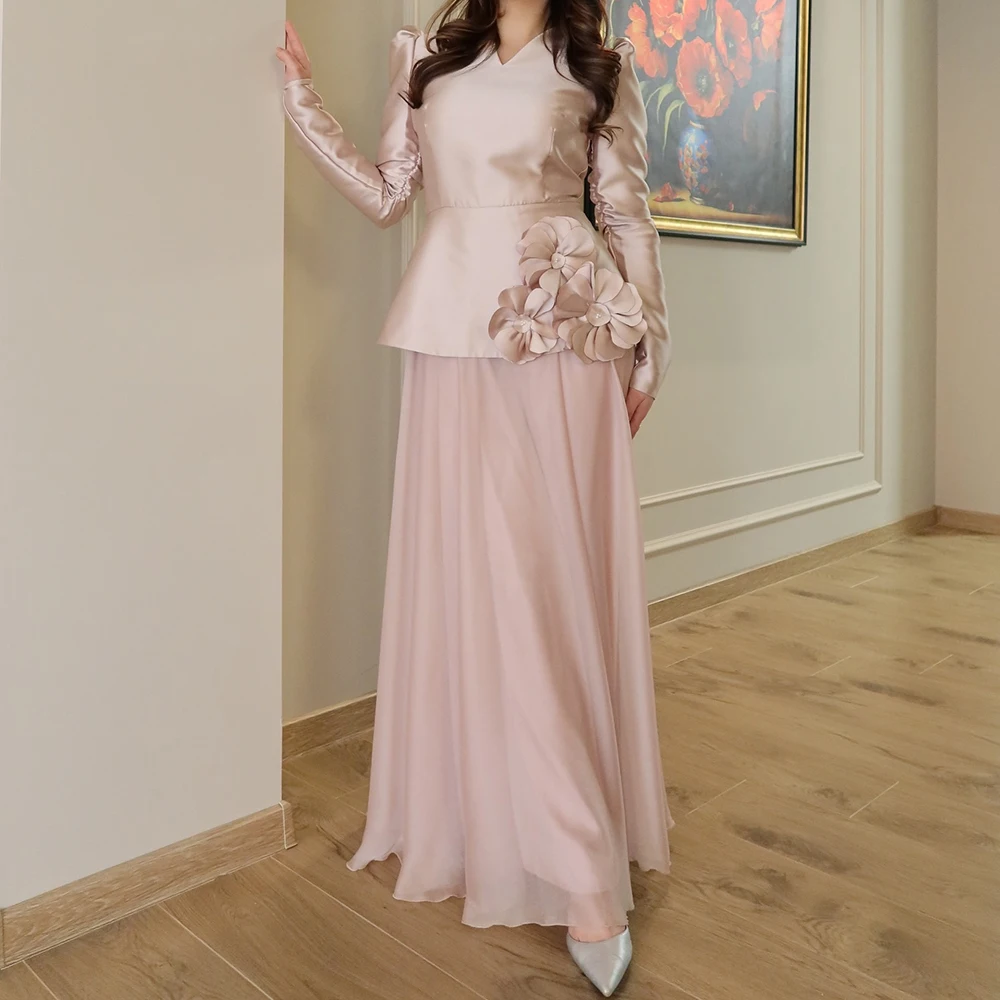 

Вечерние платья трапециевидной формы по индивидуальному заказу, длиной до пола, с v-образным вырезом и длинными рукавами, платье для выпускного вечера, модные цветы, простое драпированное повседневное вечернее платье