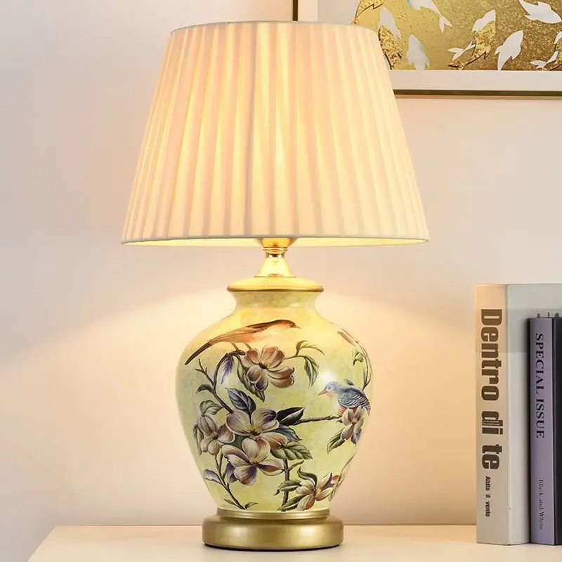 

Chinese flower&bird ceramic Table Lamps Classic yellow body dimmer/touch fabric E27 LED lamp for bedside&foyer&studio MF009-New