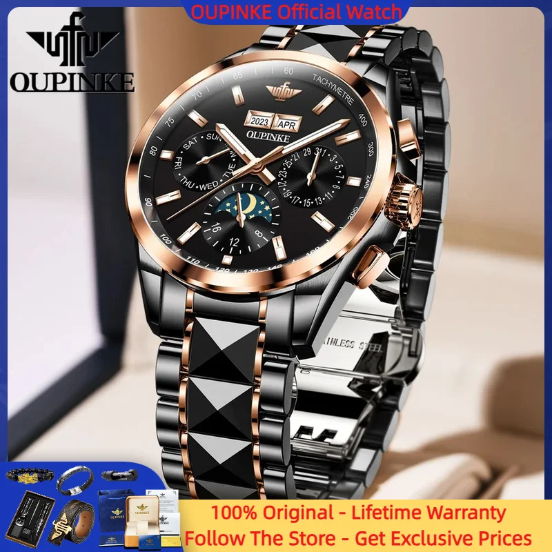OUPINKE 3238 Watch Men Dual Calendar Display Black Tungsten Steel 50M Waterproof Multifunction Luxury Automatic Man Watch Reloj