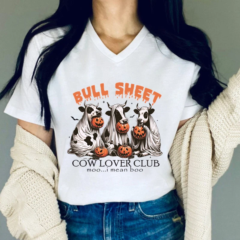 Pumpkin Halloween Woman T-shirts Bull Sheet Cow Lover Club Graphic T Shirts Vintage Cow Pumpkin Essential Halloween Classic Tops