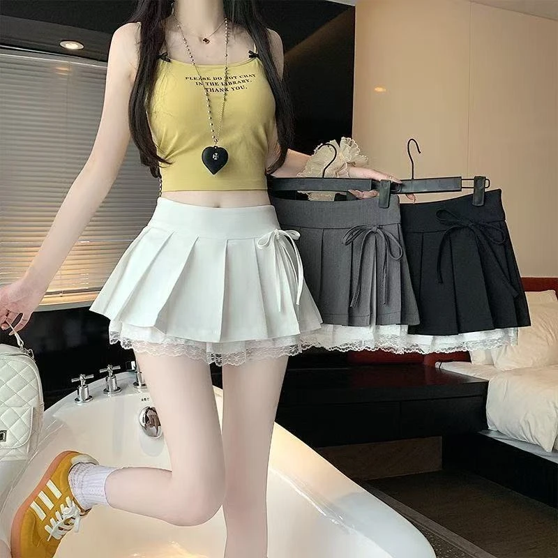 

Y2K Harajuku Sexy 2026 New High Waist A Line Pleated Lace Bow Mini Skirt Women Black White Gray Split Hem Daily Wear Clubwear