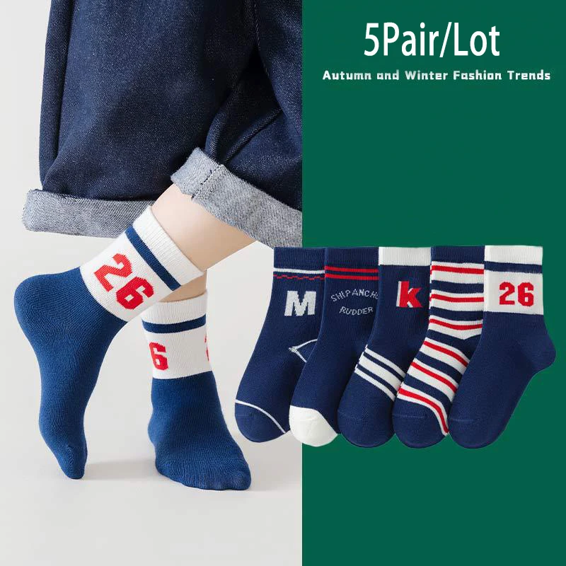 5Pairs Kid Boy Socks Children Sport Soft Cotton Sock Cartoon Dinosaur Toddler Mid Tube Sock Baby Girl Casual Outdoor Socks A1389