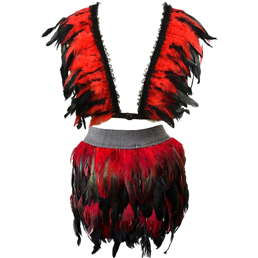 

Women Halloween Feather Epaulet Skirt Sexy Lingerie Body Harness Underwear Bra Set Dance Rave Wear Goth Bondage Shoulder Wing