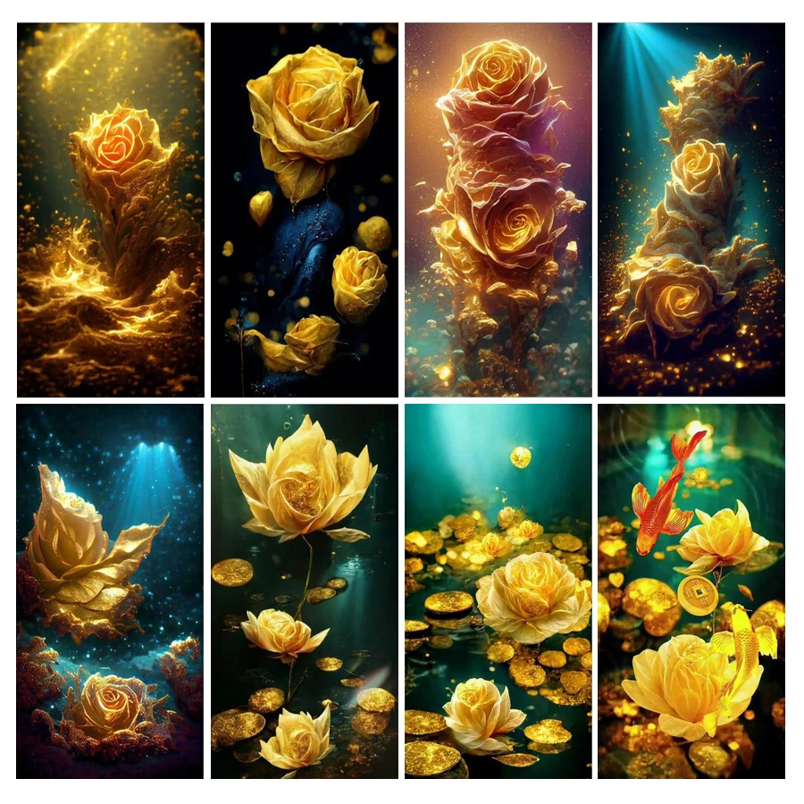 Gold Coin Yellow Flower New Diamond Painting Large Size Golden Floral 5d Diy Full Mosaic Embroidery Carp Picture Wall Decor