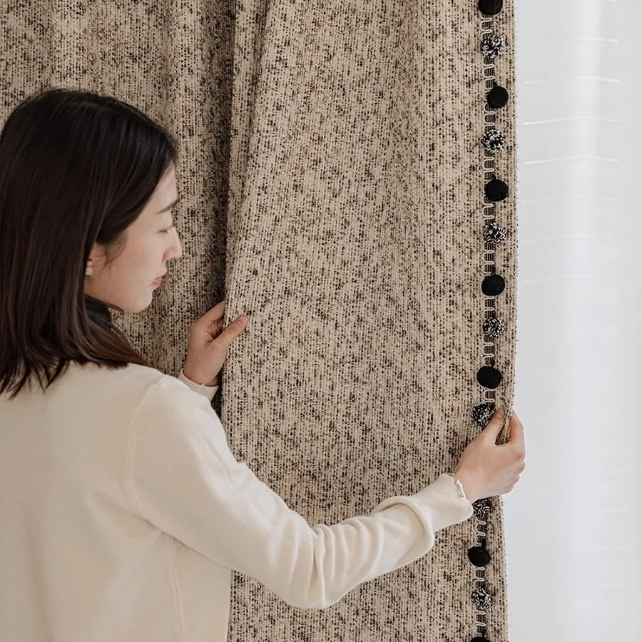 High-grade Black and White Grey Jacquard Thickened Chenille Curtains for Living Room Bedroom French Window Customized Finished