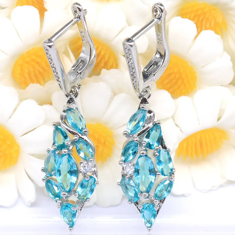 

44x11mm Stunning Created Swiss Blue Topaz Pink Kunzite CZ Girls Present Silver Plated Pendant