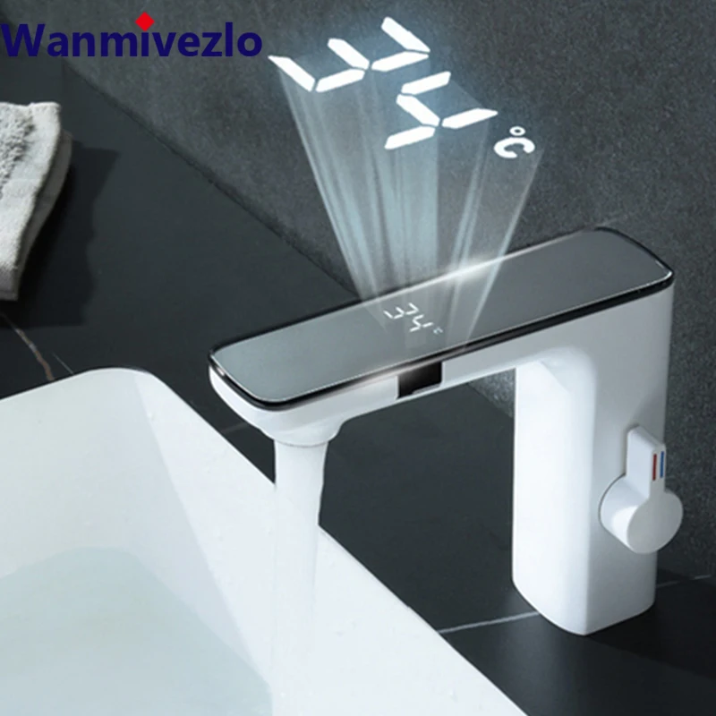 White Touchless Sensor Basin Faucet Smart Digital Display Bathroom Sink Faucet Grey Sense Hot Cold Water Mixer Tap Battery Power